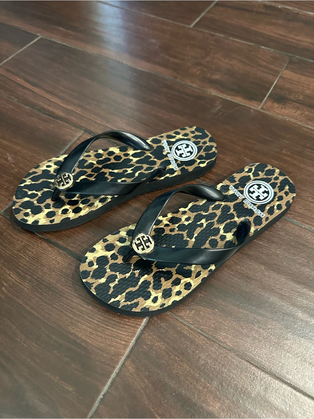 Tory Burch Leopard-Print Flip Flops with Black Straps